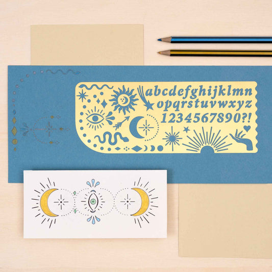 Celestial and mystic design stencil with alphabet template for journaling